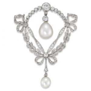 Fine Edwardian Natural Pearl And Diamond Brooch